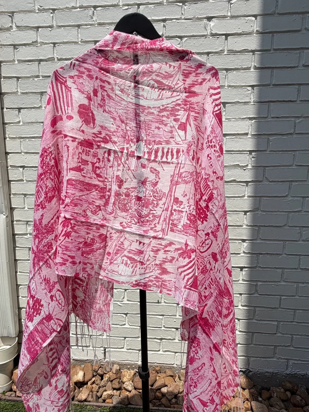 Lilly Pulitzer Pink Beach Toile Print Scarf Wrap Shawl Fringe